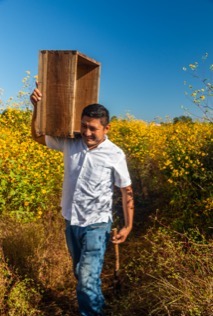 hombre en tajonal cargando cajón